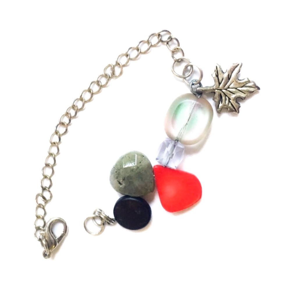 Leaf + Stone Autumn Multicolor Beaded Silver Charm Bracelet Handmade Boutique